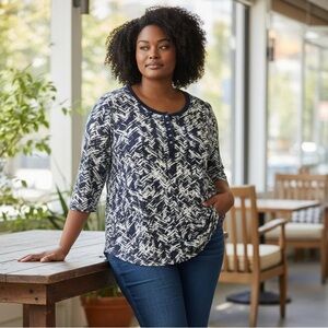 Laura Ashley Women's Navy and White Abstract Knit Top 3/4 Sleeve Button Neck 2X